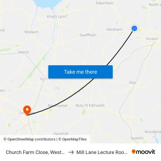 Church Farm Close, Weston Longville to Mill Lane Lecture Rooms (MLLR) map