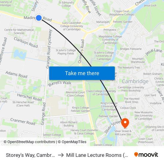 Storey's Way, Cambridge to Mill Lane Lecture Rooms (MLLR) map