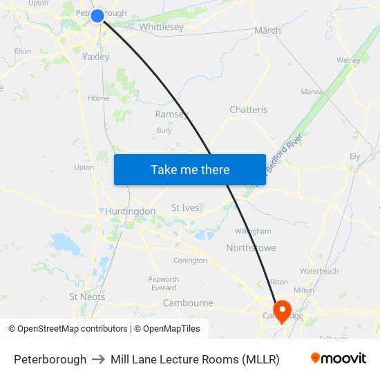 Peterborough to Mill Lane Lecture Rooms (MLLR) map