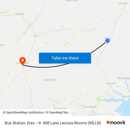 Bus Station, Diss to Mill Lane Lecture Rooms (MLLR) map