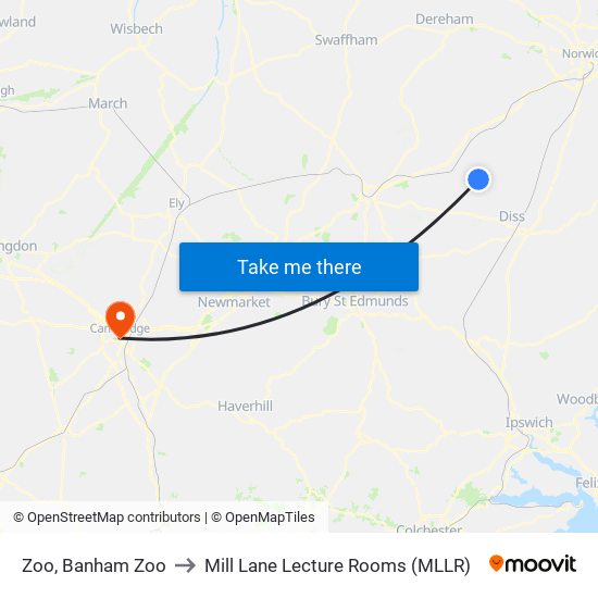 Zoo, Banham Zoo to Mill Lane Lecture Rooms (MLLR) map