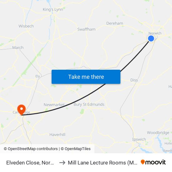 Elveden Close, Norwich to Mill Lane Lecture Rooms (MLLR) map