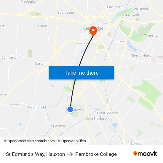 St Edmund's Way, Hauxton to Pembroke College map