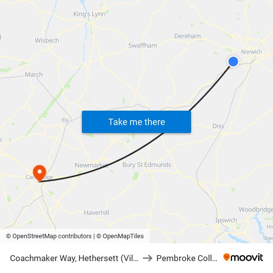 Coachmaker Way, Hethersett (Village) to Pembroke College map