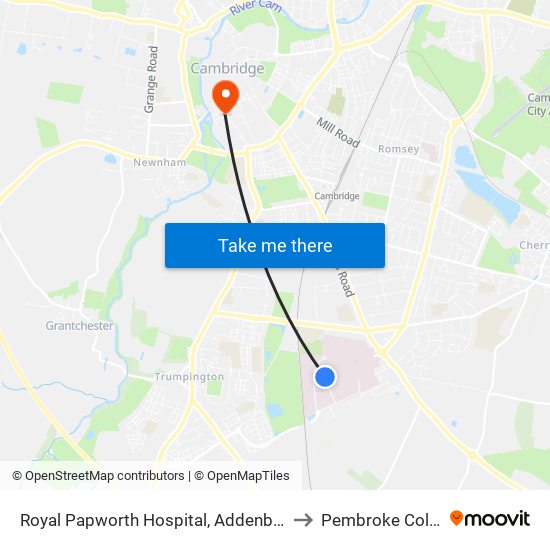 Royal Papworth Hospital, Addenbrookes to Pembroke College map