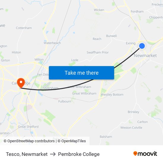 Tesco, Newmarket to Pembroke College map