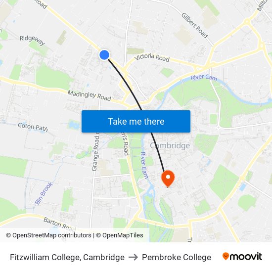 Fitzwilliam College, Cambridge to Pembroke College map