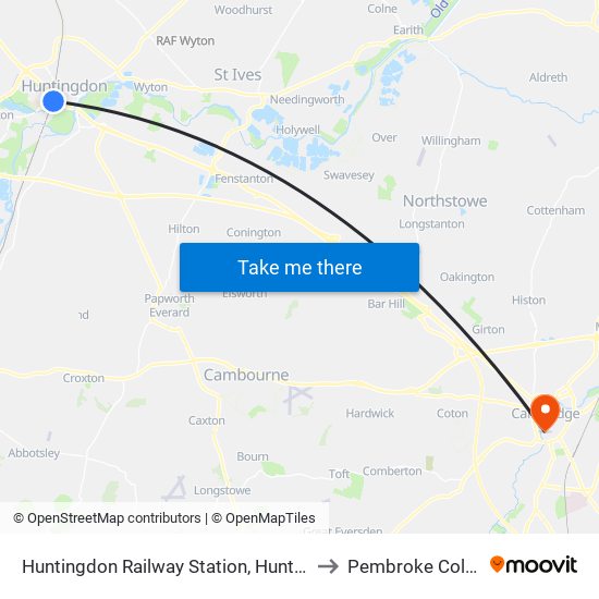 Huntingdon Railway Station, Huntingdon to Pembroke College map