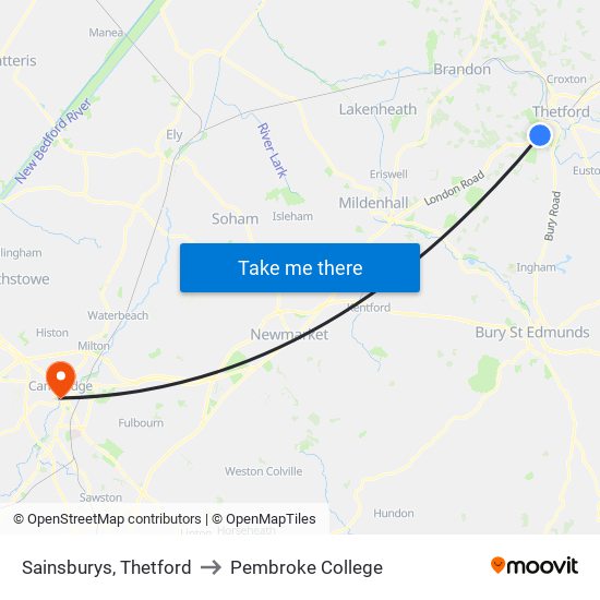 Sainsburys, Thetford to Pembroke College map