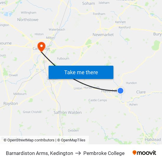 Barnardiston Arms, Kedington to Pembroke College map
