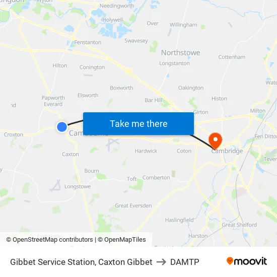 Gibbet Service Station, Caxton Gibbet to DAMTP map