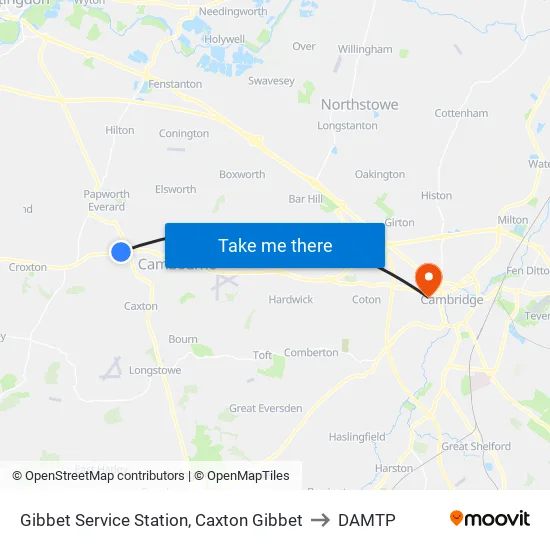 Gibbet Service Station, Caxton Gibbet to DAMTP map