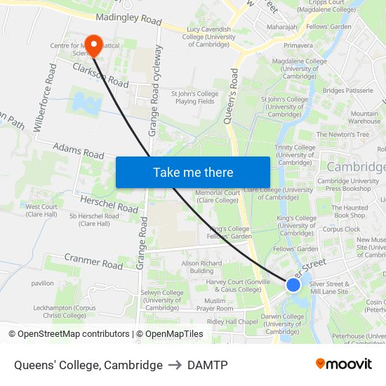 Queens' College, Cambridge to DAMTP map