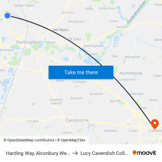 Harding Way, Alconbury Weald to Lucy Cavendish College map