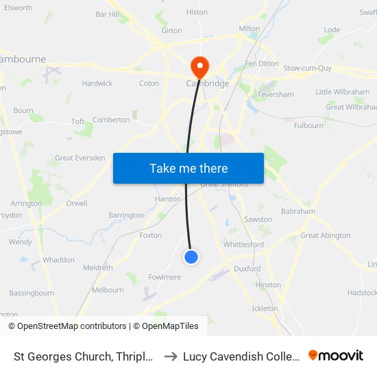 St Georges Church, Thriplow to Lucy Cavendish College map