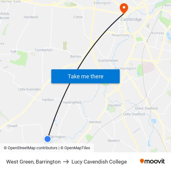 West Green, Barrington to Lucy Cavendish College map