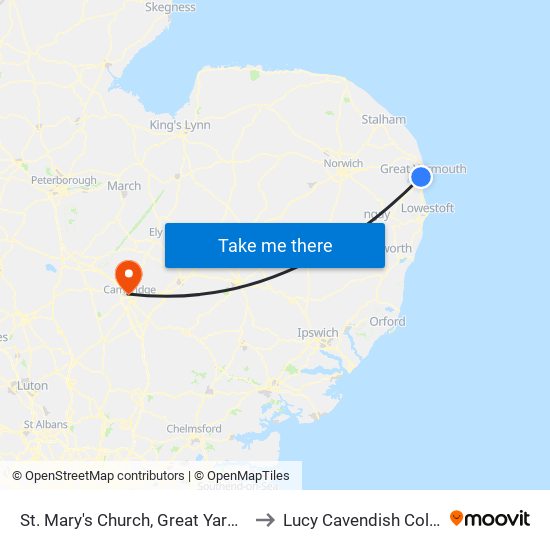 St. Mary's Church, Great Yarmouth to Lucy Cavendish College map