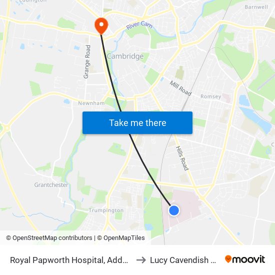 Royal Papworth Hospital, Addenbrookes to Lucy Cavendish College map