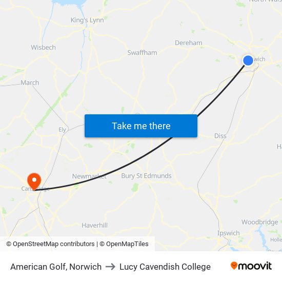 American Golf, Norwich to Lucy Cavendish College map