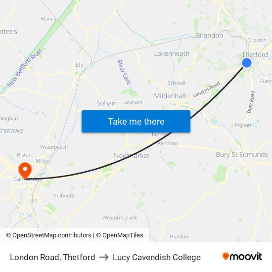 London Road, Thetford to Lucy Cavendish College map