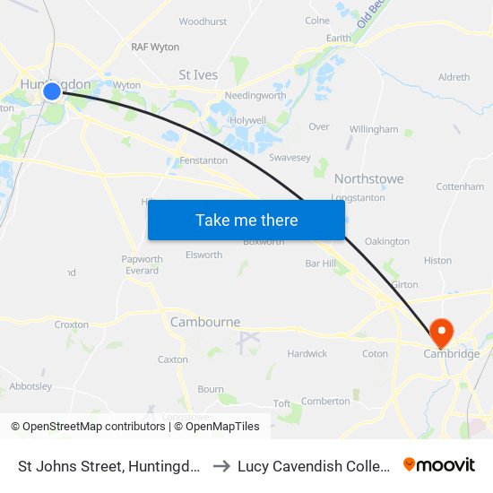 St Johns Street, Huntingdon to Lucy Cavendish College map