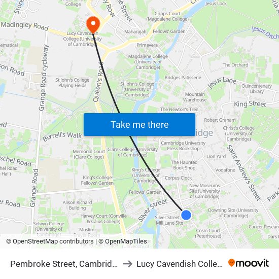 Pembroke Street, Cambridge to Lucy Cavendish College map