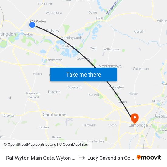 Raf Wyton Main Gate, Wyton Airfield to Lucy Cavendish College map