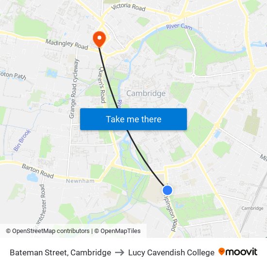 Bateman Street, Cambridge to Lucy Cavendish College map