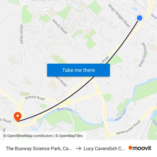 The Busway Science Park, Cambridge to Lucy Cavendish College map