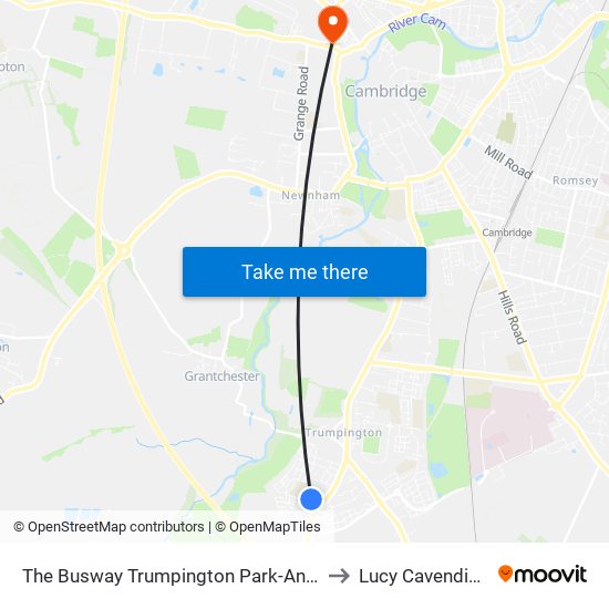 The Busway Trumpington Park-And-Ride, Trumpington to Lucy Cavendish College map