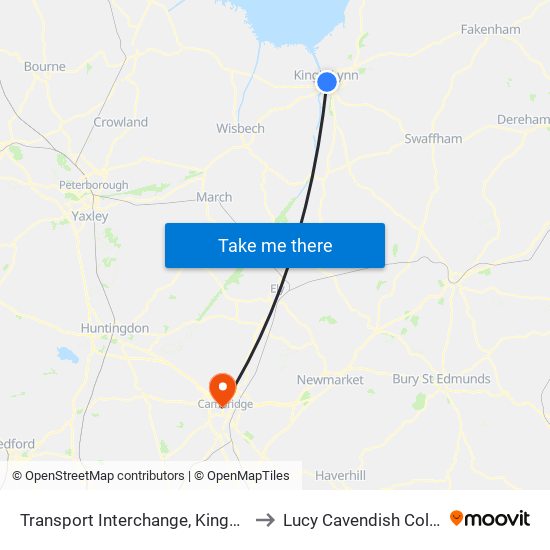 Transport Interchange, Kings Lynn to Lucy Cavendish College map