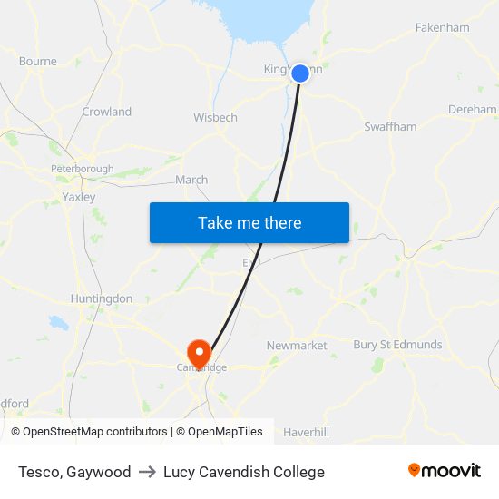 Tesco, Gaywood to Lucy Cavendish College map