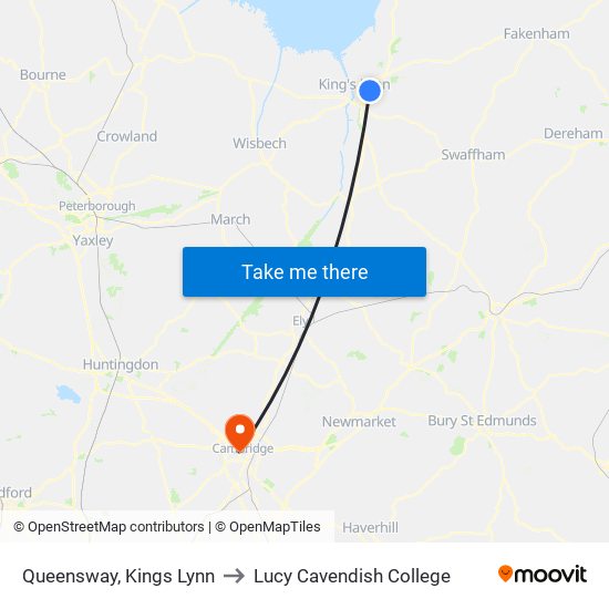 Queensway, Kings Lynn to Lucy Cavendish College map