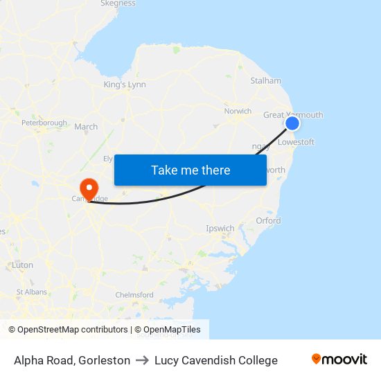 Alpha Road, Gorleston to Lucy Cavendish College map