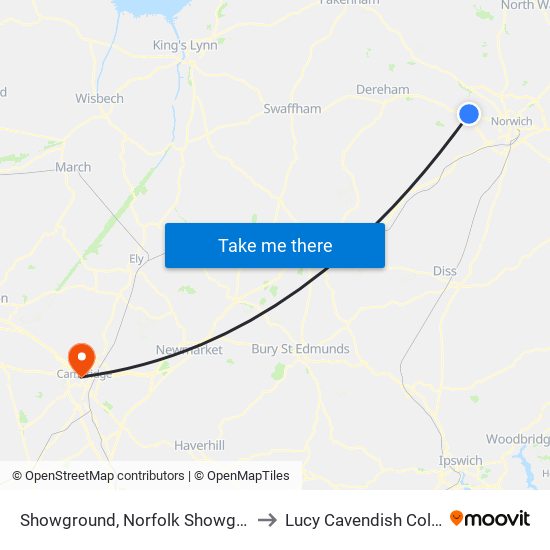 Showground, Norfolk Showground to Lucy Cavendish College map