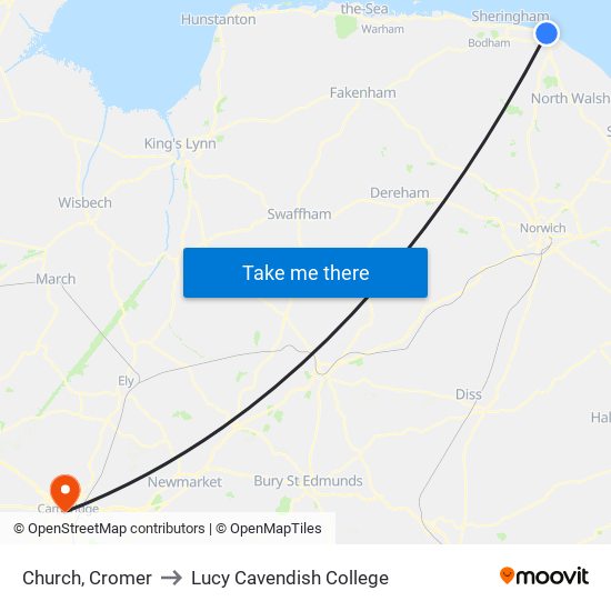 Church, Cromer to Lucy Cavendish College map