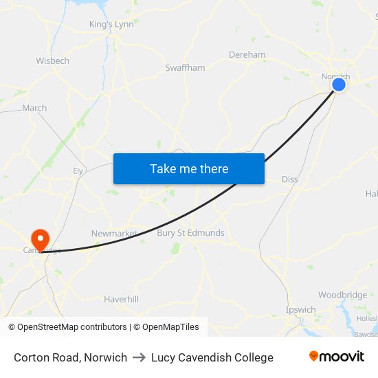 Corton Road, Norwich to Lucy Cavendish College map