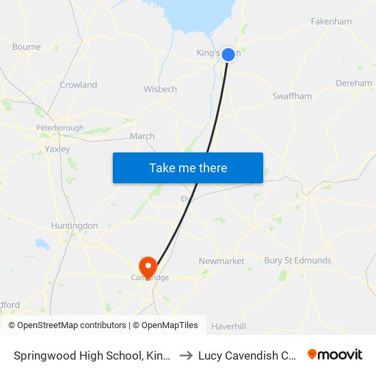 Springwood High School, Kings Lynn to Lucy Cavendish College map