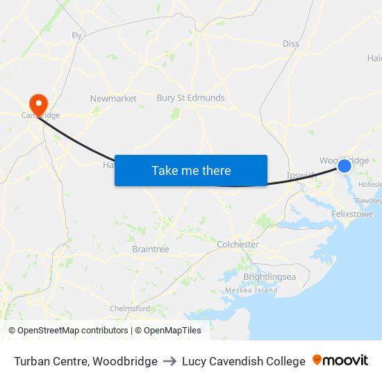 Turban Centre, Woodbridge to Lucy Cavendish College map
