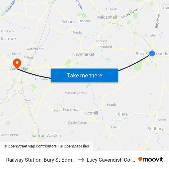 Railway Station, Bury St Edmunds to Lucy Cavendish College map