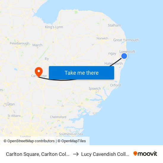 Carlton Square, Carlton Colville to Lucy Cavendish College map