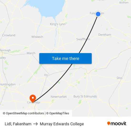 Lidl, Fakenham to Murray Edwards College map