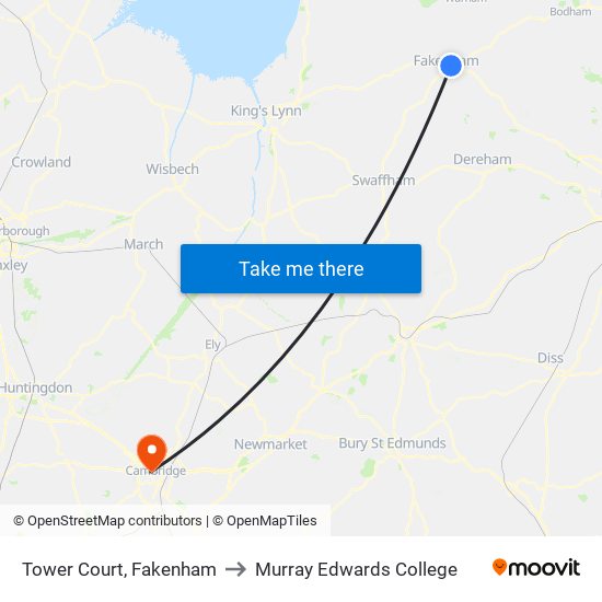 Tower Court, Fakenham to Murray Edwards College map