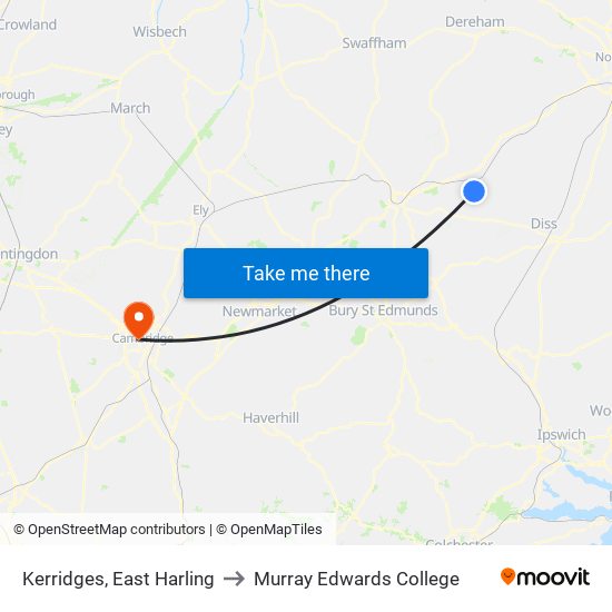 Kerridges, East Harling to Murray Edwards College map