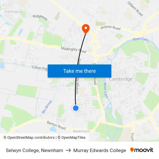 Selwyn College, Newnham to Murray Edwards College map