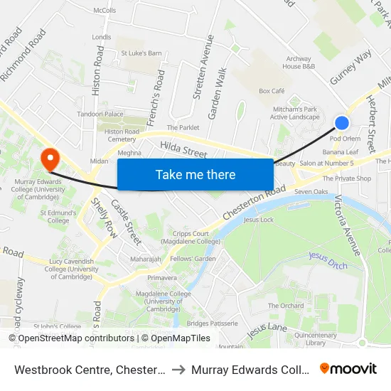 Westbrook Centre, Chesterton to Murray Edwards College map