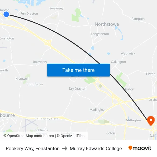 Rookery Way, Fenstanton to Murray Edwards College map
