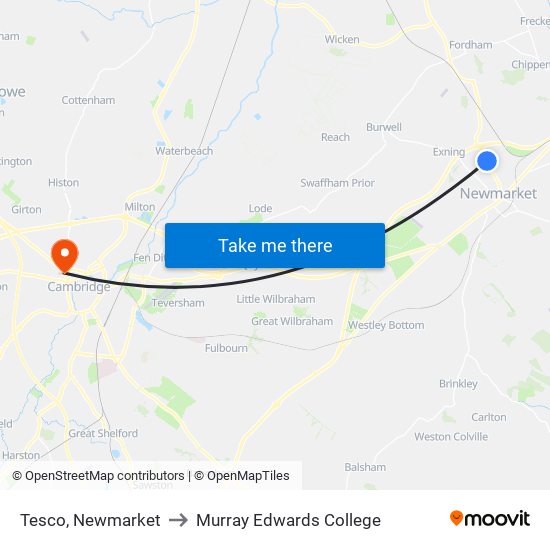 Tesco, Newmarket to Murray Edwards College map