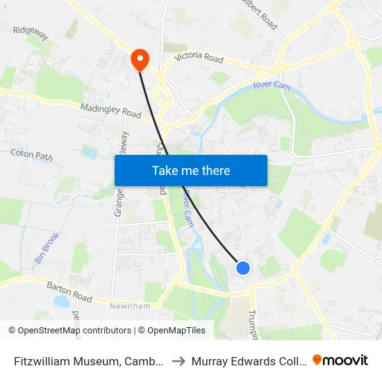 Fitzwilliam Museum, Cambridge to Murray Edwards College map
