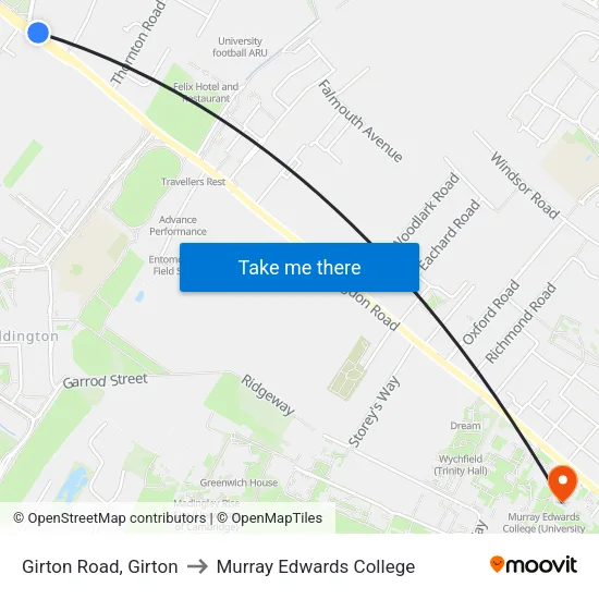 Girton Road, Girton to Murray Edwards College map